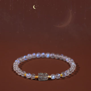 Buddha Gift 925 Sterling Silver Plated Gold Natural Moonstone PiXiu Healing Bracelet