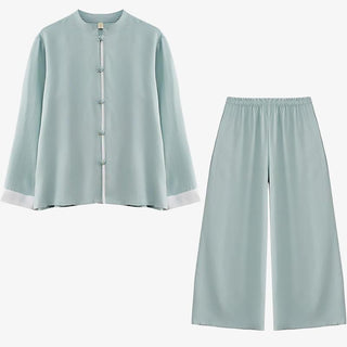 Buddha Gift 2Pcs Tang Suit Long Sleeve Shirt Top Pants Meditation Zen Tai Chi Cotton Linen Clothing Women's Set