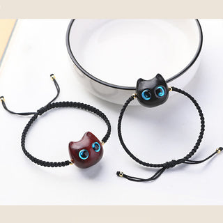Buddha Gift Small Leaf Red Sandalwood Ebony Wood Cute Cat Head Calm Protection Braided Bracelet