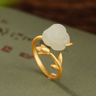 Buddha Gift 925 Sterling Silver Plated Gold Rose Flower Hetian White Jade Happiness Ring