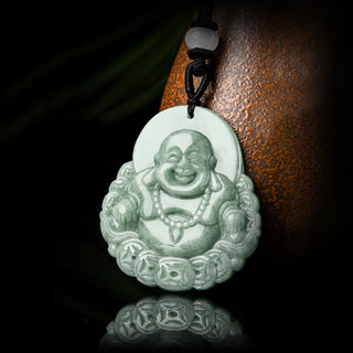 Buddha Gift Laughing Buddha Natural Jade Copper Coin Abundance Necklace Pendant