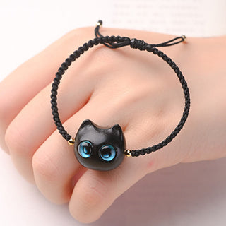 Buddha Gift Small Leaf Red Sandalwood Ebony Wood Cute Cat Head Calm Protection Braided Bracelet