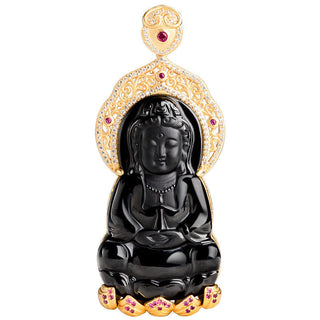 Buddha Gift 925 Sterling Silver Natural Black Jade Kwan Yin Avalokitesvara Wealth Necklace Pendant