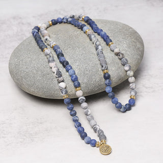 Buddha Gift 108 Natural Picasso Jasper & Blue Stone Mala Bead Lotus Pendant Bracelet