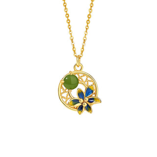 Buddha Gift 925 Sterling Silver Natural Hetian Cyan Jade Flower Luck Necklace Pendant Ring Earrings Set