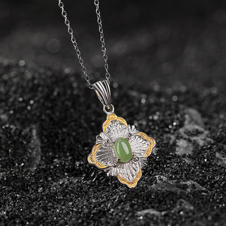 Buddha Gift 925 Sterling Silver Plated Gold Hetian Cyan Jade Rhombus Design Luck Healing Necklace Pendant