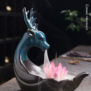 Buddha Gift Little Deer Ceramic Lotus Meditation Incense Burner Decoration