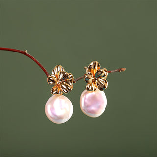 Buddha Gift 925 Sterling Silver Natural Baroque Pearl Flower Healing Drop Earrings