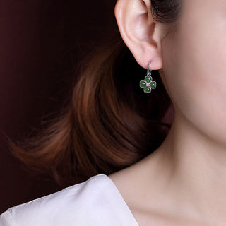 Buddha Gift 925 Sterling Silver Natural Cyan Jade Four Leaf Clover Luck Success Earrings