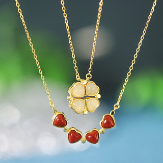 Buddha Gift 925 Sterling Silver Four Leaf Clover White Jade Red Agate Abundance Necklace Pendant