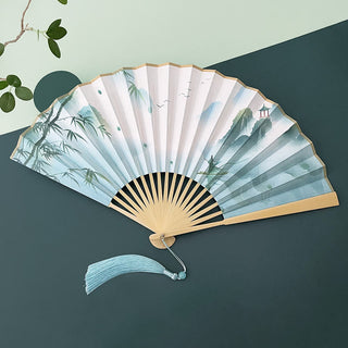 Buddha Gift Retro Lotus Flower Leaf Mountain Lake Handheld Folding Fan With Bamboo Frames