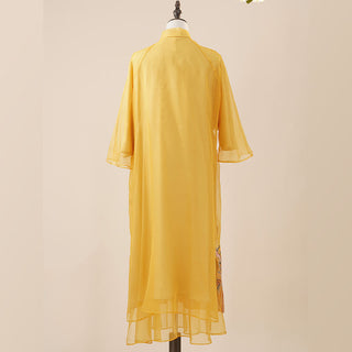 Buddha Gift 100% Mulberry Silk Organza Dress Embroidered Yellow Phoenix Qipao Cheongsam Dress