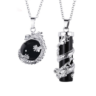 Buddha Gift 2pc Dragon Wrapped Round Ball Gemstone Couple Necklace Pendant