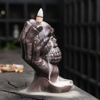 Buddha Gift Halloween Skull With Ghost Hand Purple Clay Spiritual Incense Burner Decoration