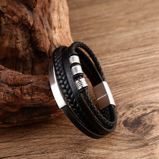 Buddha Gift Leather Multi-Layer Titanium Steel Balance Braided Magnetic Buckle Bracelet