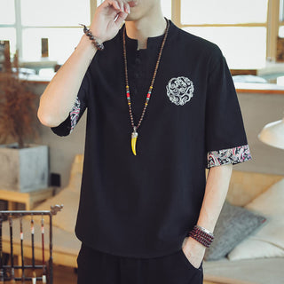 Buddha Gift Frog-Button Dragon Embroidery Chinese Tang Suit Short Sleeve Shirt Linen Men Clothing
