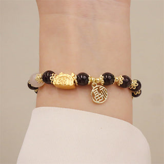 Buddha Gift Year Of The Dragon Red Agate Strawberry Quartz Black Obsidian Jade Garnet Pearl Cinnabar Dumpling Dragon Luck Fu Character Bracelet