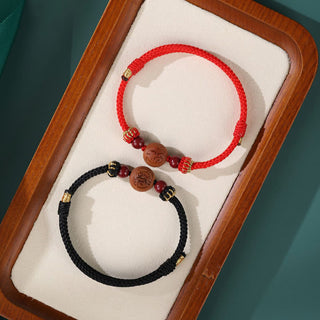 Buddha Gift Natural Peach Wood Chinese Zodiac Fu Character Carved Cinnabar Wealth Bracelet