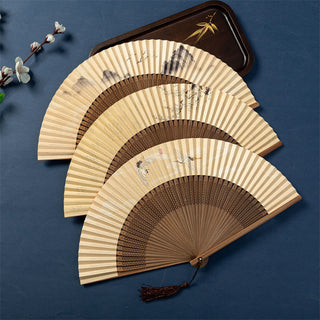 Buddha Gift Lotus Dragonfly Wild Geese Plum Blossom Handheld Silk Bamboo Folding Fan 22.5cm