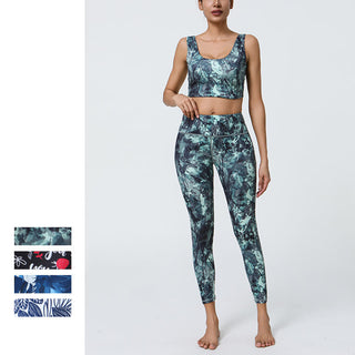 Buddha Gift 2Pcs Pineapple Grass Leaves Print Sports Fitness Crop Tank Bra High Waist Leggings Yoga Pants