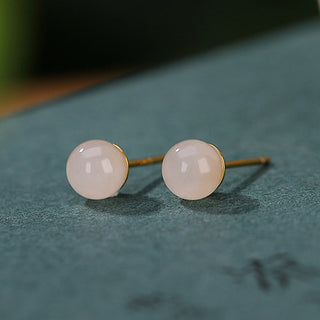 Buddha Gift 925 Sterling Silver Round White Jade Blessing Stud Earrings