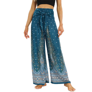 Buddha Gift Boho Peacock Feathers Lace-up Wide Leg Pants Women's Yoga Pants