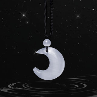 Buddha Gift Natural Silver Sheen Obsidian Selenite Crystal Crescent Moon Yin Yang Couple Protection Necklace Pendant