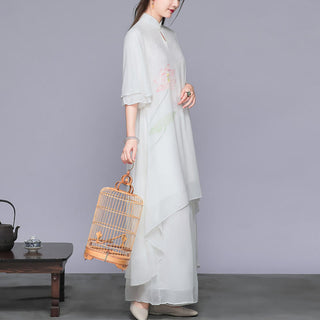 Buddha Gift 2Pcs Lotus Flower Cheongsam Midi Dress Wide Leg Pants Chiffon Zen Women's Set