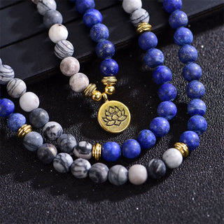 Buddha Gift Lazurite Picasso Jasper Amazonite Rhodonite Apatite Positive Lotus Prayer Bead Bracelet