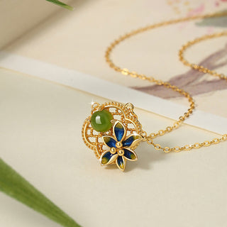 Buddha Gift 925 Sterling Silver Four Leaf Clover Flower Hetian Cyan Jade Pearl Healing Necklace Pendant Bracelet Earrings Set