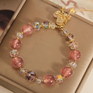 Buddha Gift Natural Strawberry Quartz Healing Positive Butterfly Charm Bracelet