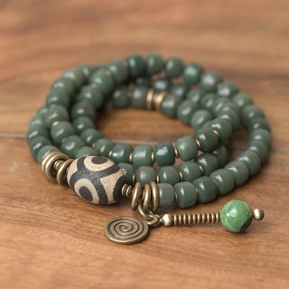 Buddha Gift Cyan Bodhi Seed Dzi Bead Wisdom Peace Triple Wrap Bracelet