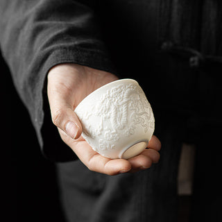 Buddha Gift Dragon Phoenix Relief White Porcelain Ceramic Teacup Kung Fu Tea Cup 115ml