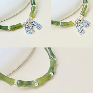 Buddha Gift 925 Sterling Silver Bamboo Jade Lucky Cat Fu Character Luck Abundance Bracelet