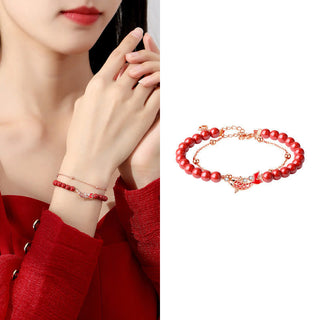 Buddha Gift 925 Sterling Silver Lucky Koi Fish Cinnabar Zircon Prosperity Double Layer Chain Bracelet