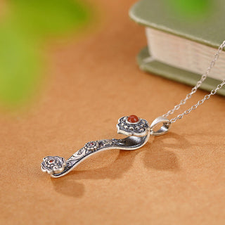 Buddha Gift 925 Sterling Silver Red Agate Cyan Jade Auspicious Clouds Ruyi Handle Blessing Necklace Pendant