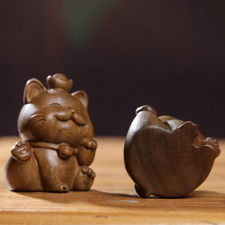 Buddha Gift Mini Green Sandalwood Ingot Lucky Cat Carved Peace Desk Decorations