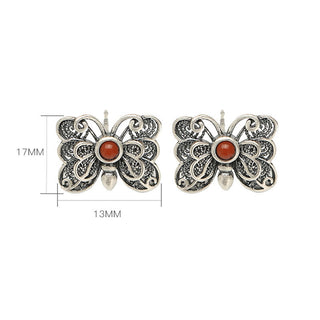 Buddha Gift 925 Sterling Silver Red Agate Butterfly Self-acceptance Ring Earrings Set