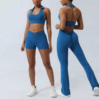 Buddha Gift 2Pcs Workout Sleeveless Backless Top Shorts Flared Pants Sports Fitness Yoga Outfit Set
