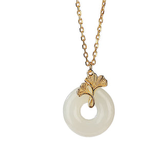 Buddha Gift 925 Sterling Silver Natural Hetian Jade Ginkgo Leaf Peace Buckle Luck Necklace Pendant