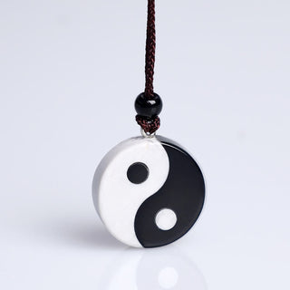 Buddha Gift Natural Black Obsidian White Turquoise Yin Yang Fulfilment Strength Necklace Pendant