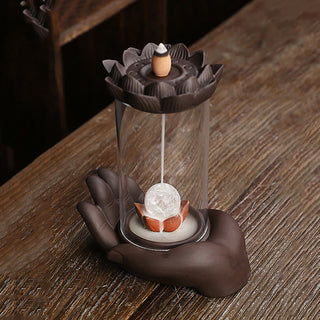 Buddha Gift Buddha Hand Lotus Enlightenment LED Light Purple Clay Ceramic Incense Burner Decoration