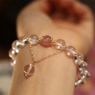 Buddha Gift Natural Silver Sheen Obsidian Pink Crystal White Crystal Protection Yin Yang Color Couple Bracelet