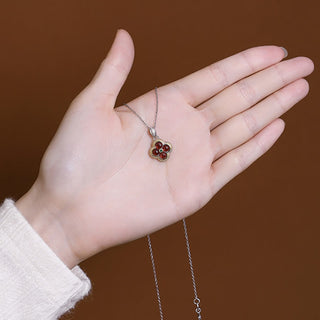 Buddha Gift 925 Sterling Silver Natural Garnet Four-leaf Clover Protection Necklace Pendant Ring