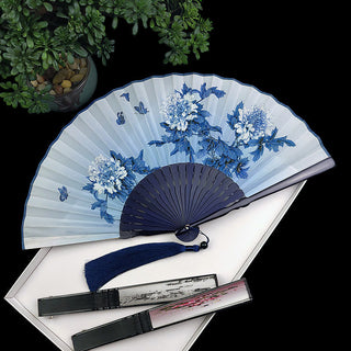 Buddha Gift Vintage Bamboo Peony Butterfly Lotus Handheld Silk Folding Fan With Bamboo Frames