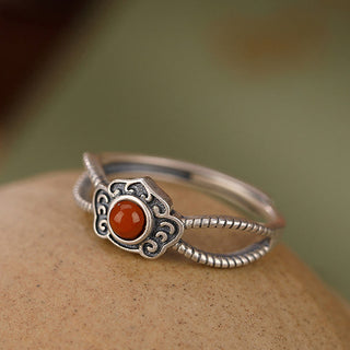 Buddha Gift 925 Sterling Silver Red Agate Bead Logical Thinking Ring