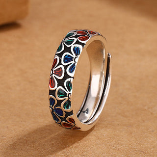 Buddha Gift Colorful Plum Blossoms Design Healing Copper Adjustable Ring