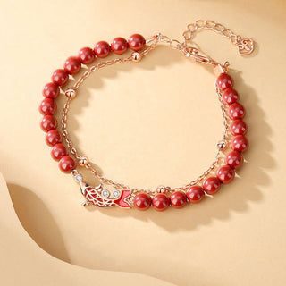 Buddha Gift 925 Sterling Silver Lucky Koi Fish Cinnabar Zircon Prosperity Double Layer Chain Bracelet