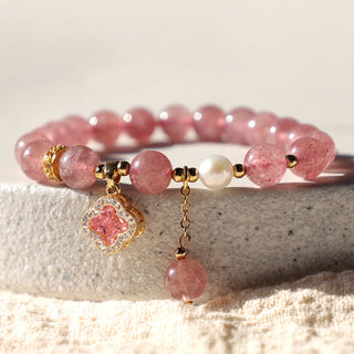 Buddha Gift Strawberry Quartz Pearl Four Leaf Clover Charm Healing Bracelet