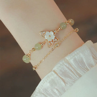Buddha Gift 14K Gold Plated Jade Butterfly Tridacna Stone Flower Double Layer Luck Bracelet